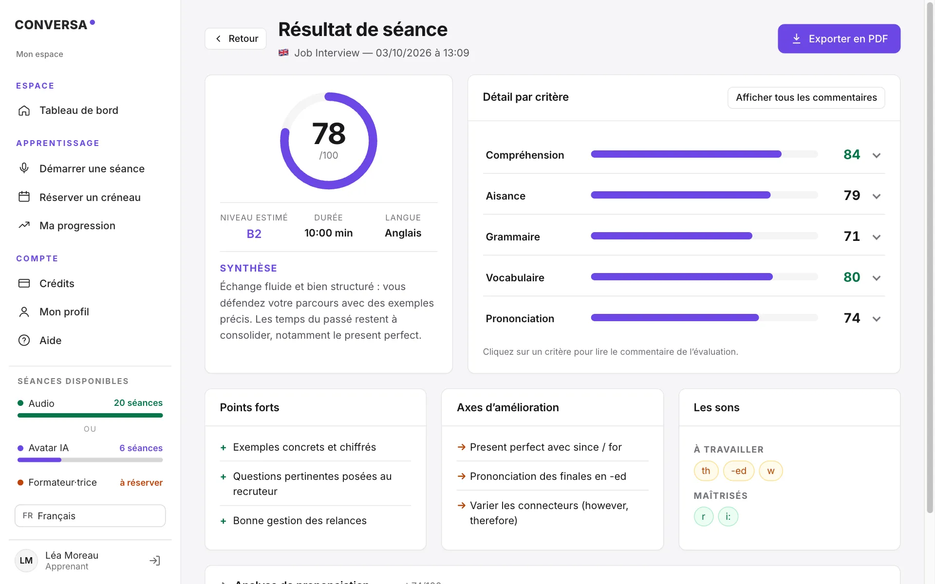 Écran de résultat d’une séance : score sur 100, niveau européen estimé, détail des cinq compétences, points forts et axes d’amélioration (données de démonstration).